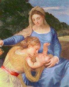 La Virgen y el Niño con San Juan Bautista y una Santa, (detalle) de la Virgen, el Niño Jesús y la santa, c.1530-35